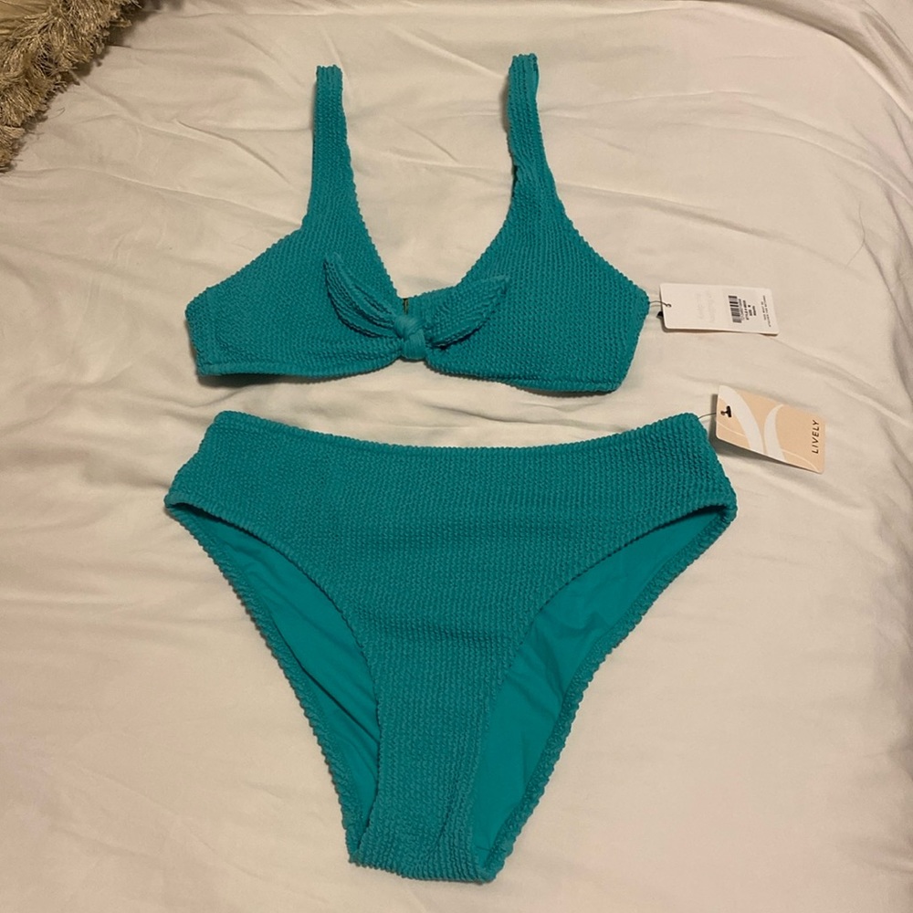 NWT Lively Ruched Plunge Bralette & High Waist swim bundle in teal in Medium